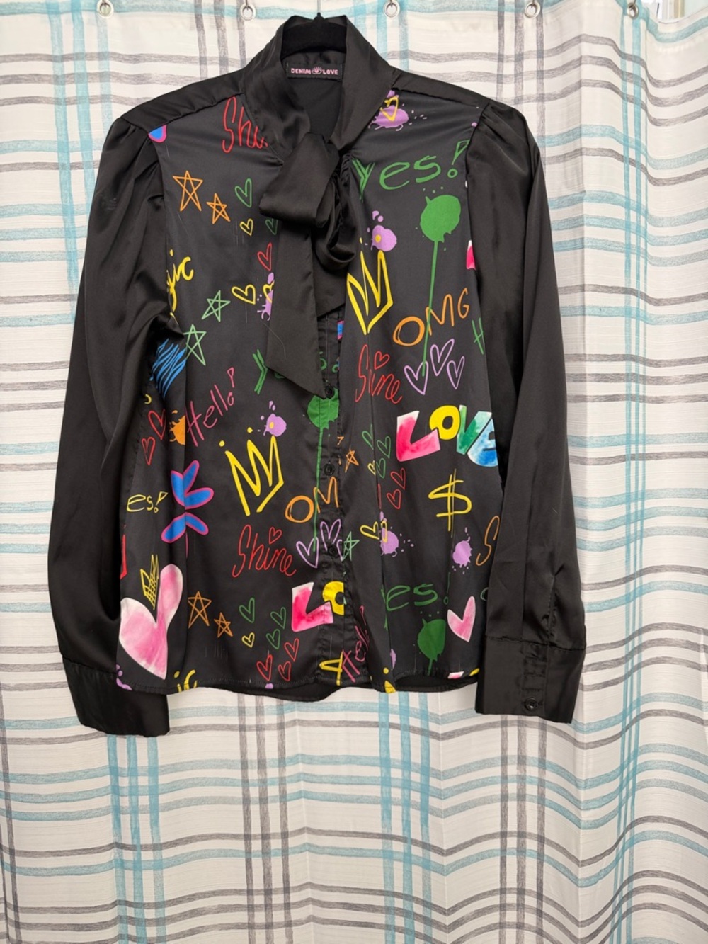 Black Graffiti Print Tie-Neck Blouse